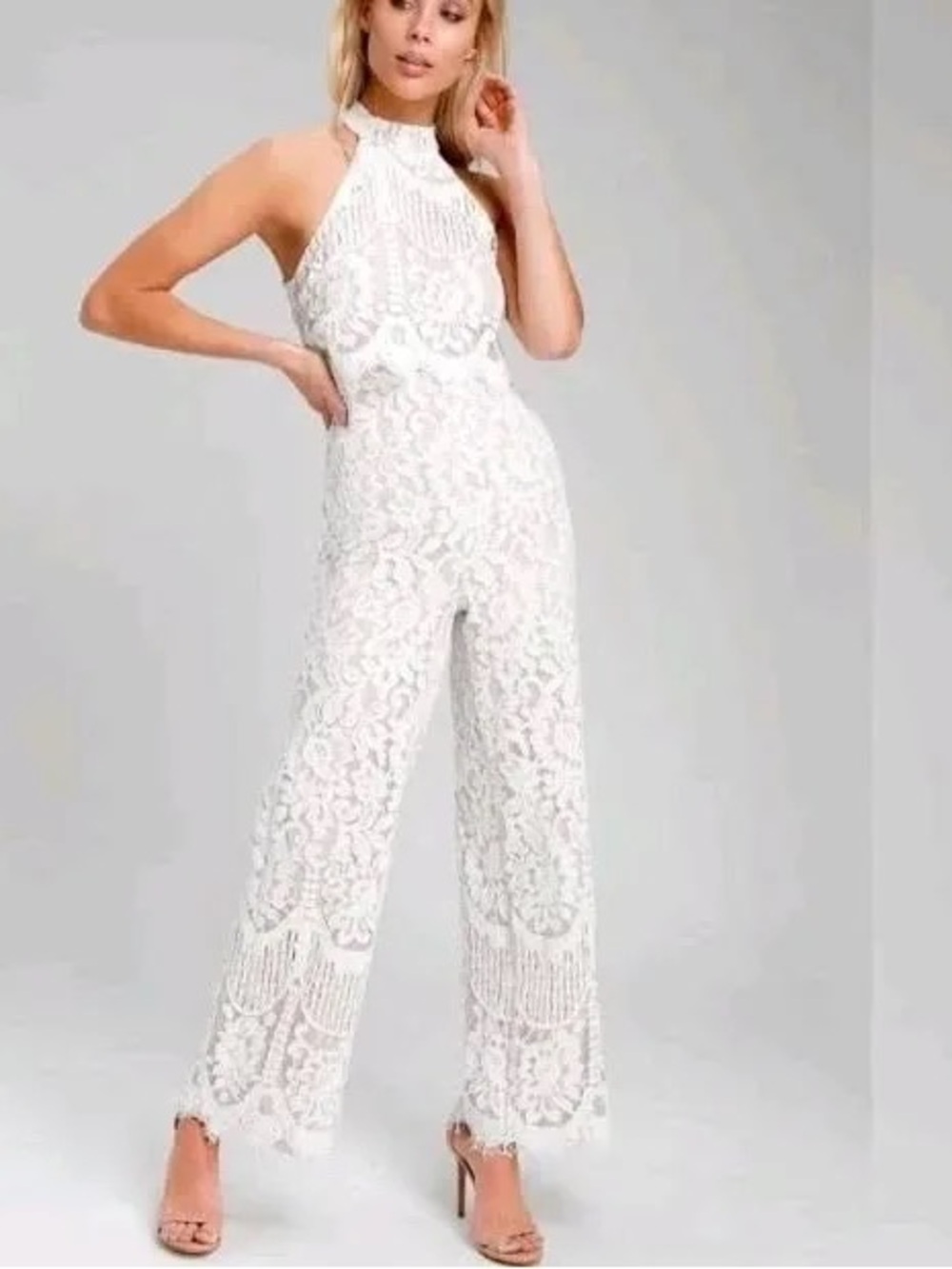Lulu's White Lace Halter Jumpsuit